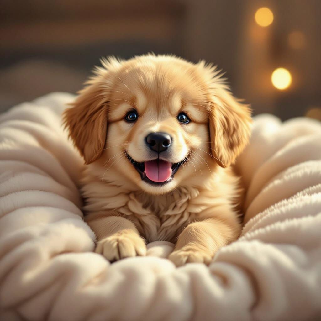 Adorable Golden Retriever Puppy Smiling in Cozy Bed