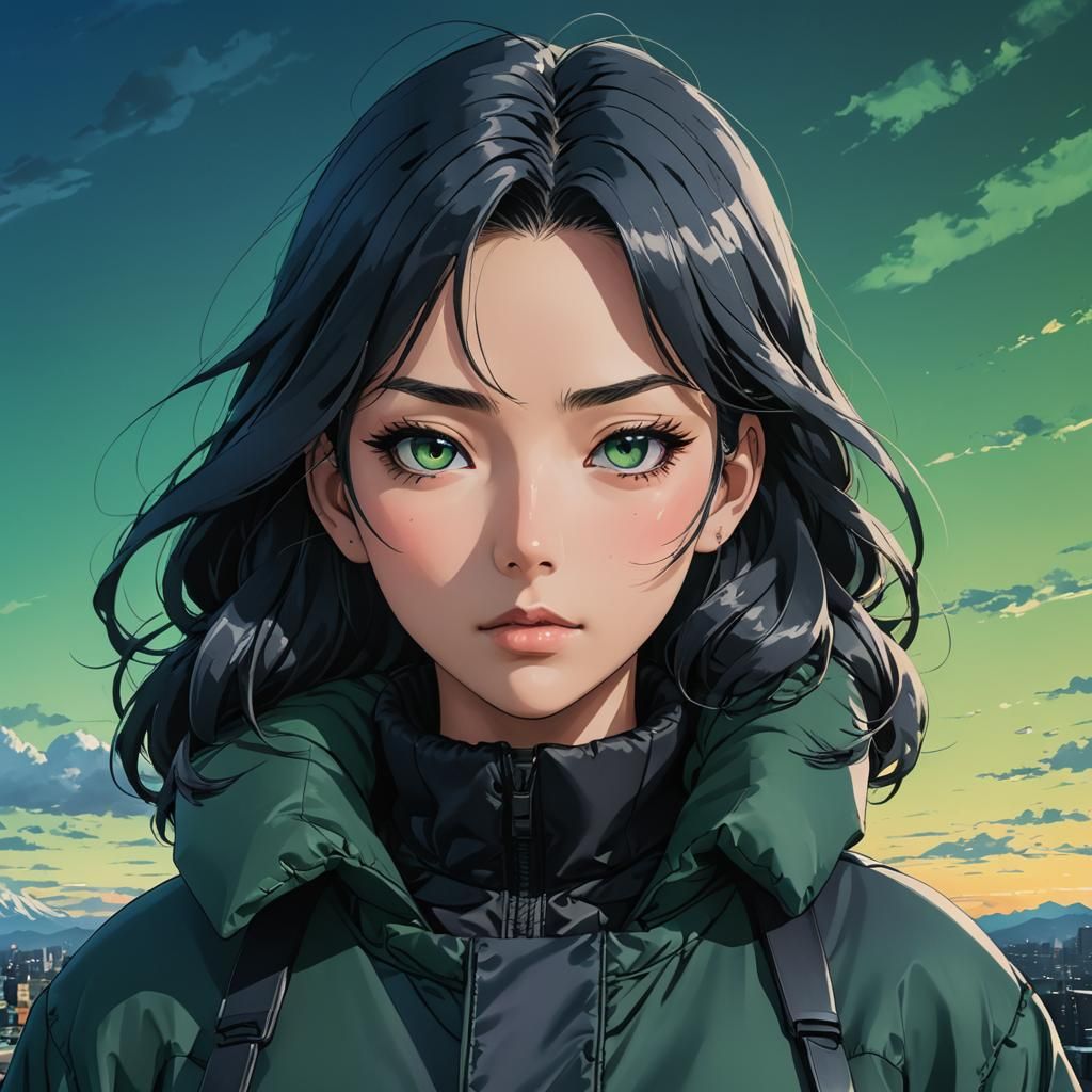 Anime Girl in Oversized Coat, Cel-Shaded Style