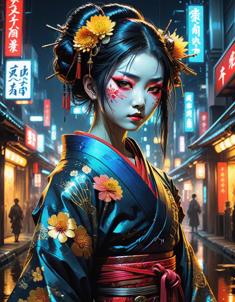 Cyberpunk Geisha with Neon Makeup in Anime Style