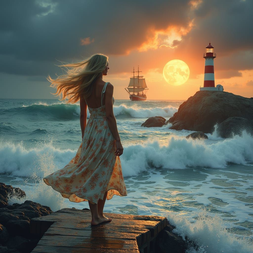 Stormy Seascape with Woman on Pier
