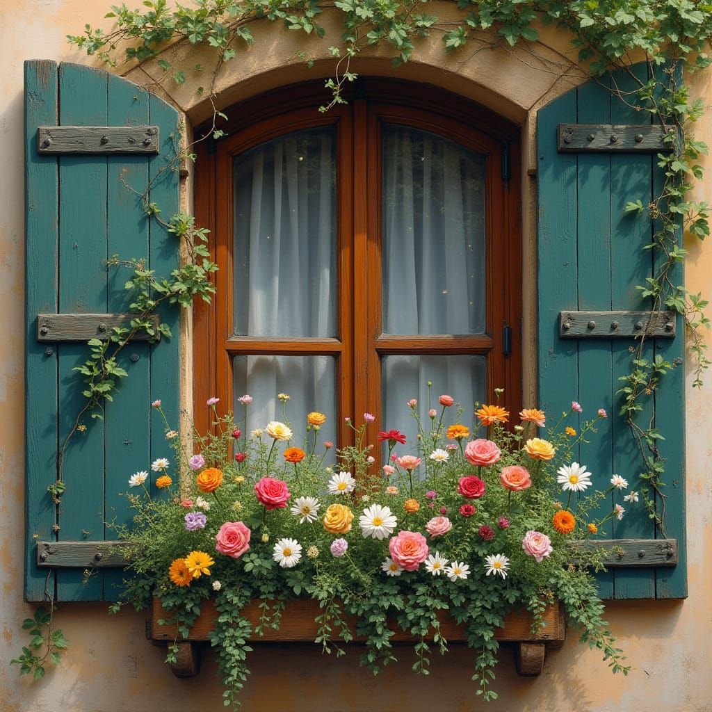 Floral Window Scene in Impressionist Style