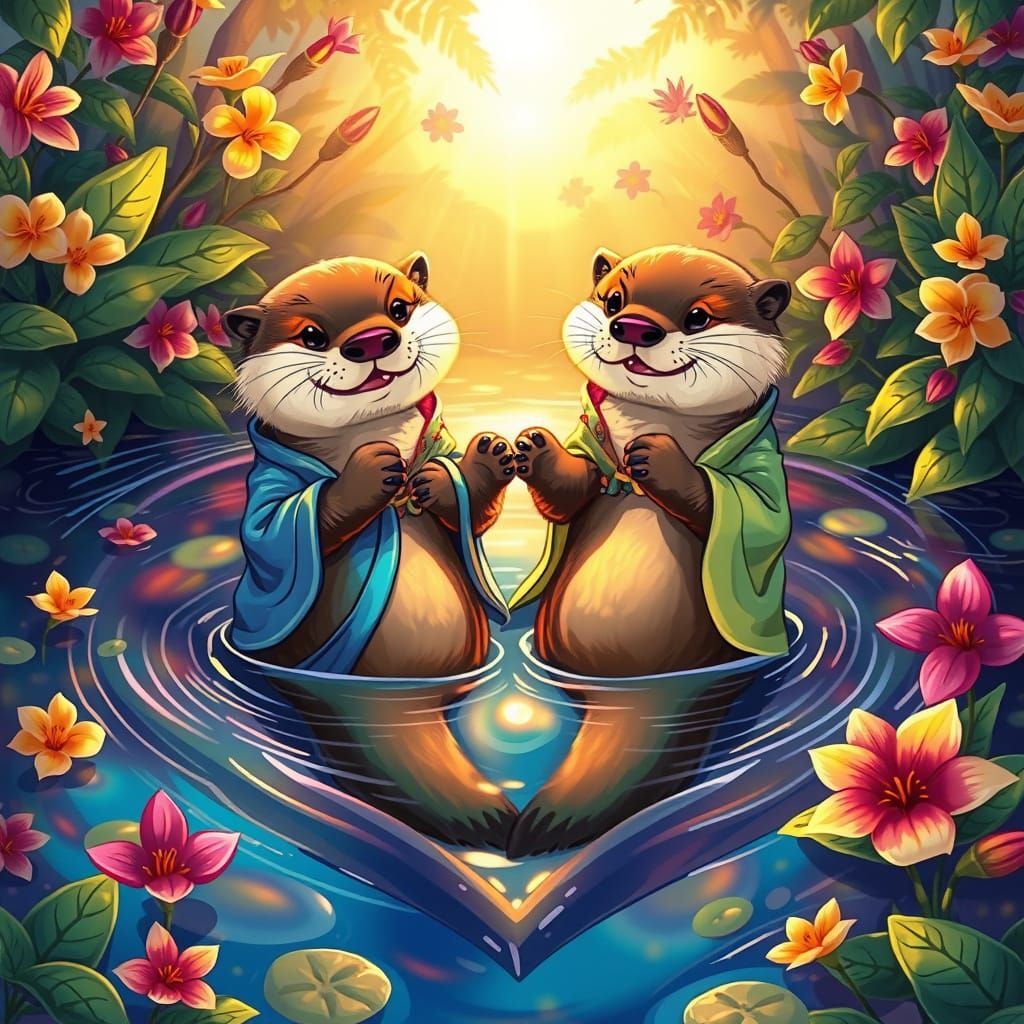 Cartoon Style Animal Couples, Otters