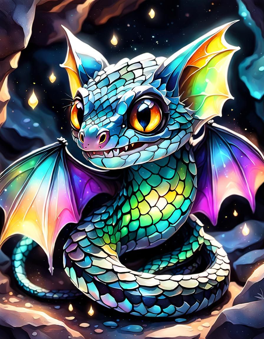 Adorable Snake Bat Hybrid in Mystical Cave