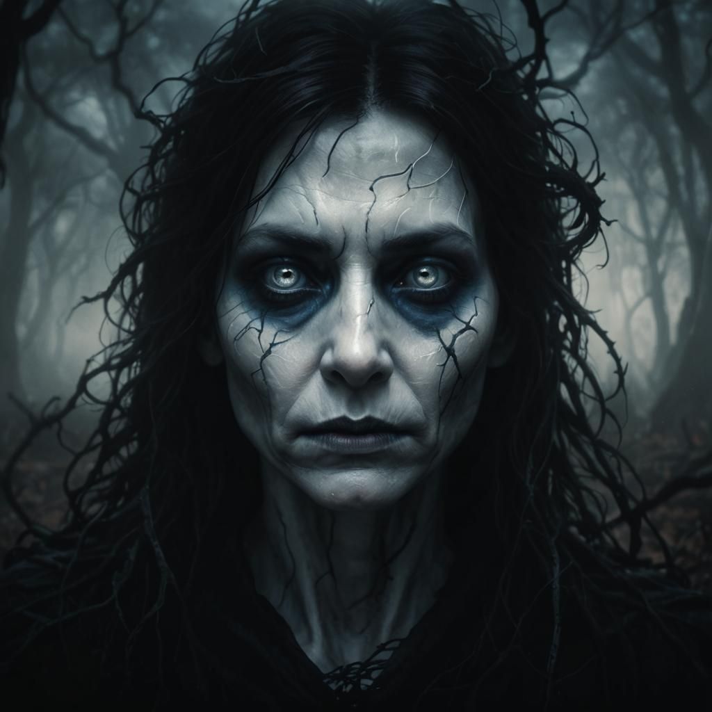 Ghostly Figure Lost in Misty Dark Fantasy Forest