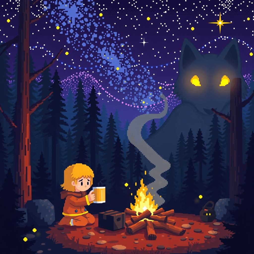 Pixel Art Campfire Scene Under Starry Sky