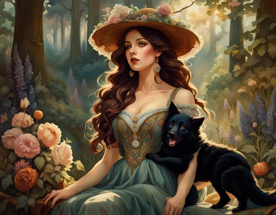 Cottagecore Witch with Wolf Pups in Renaissance Style
