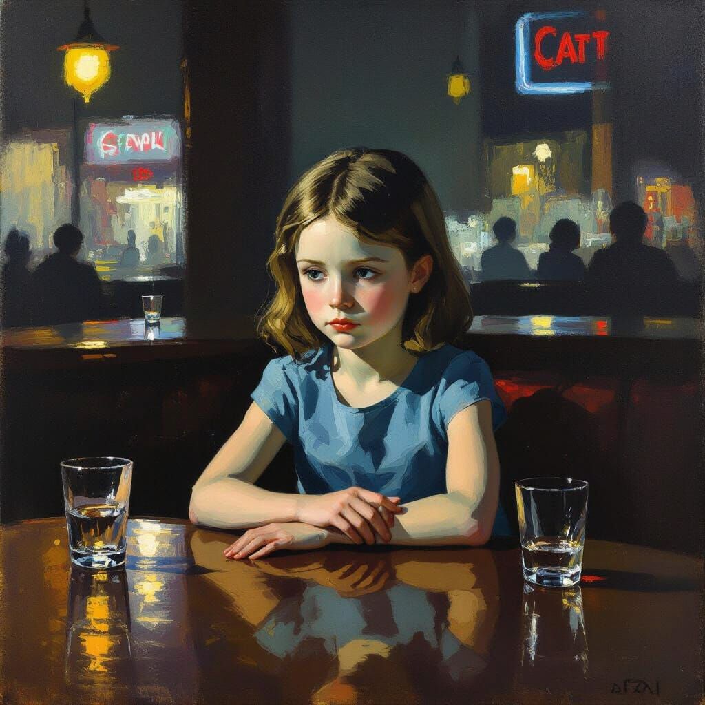 Melancholic Girl at Bar in Hopper Style
