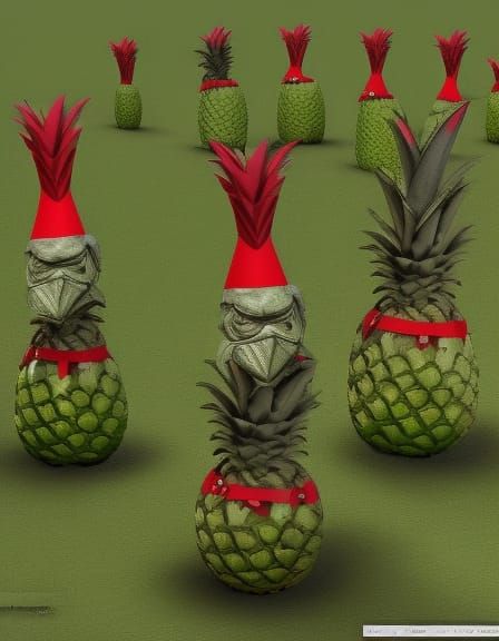 Pineapple War: Garden Gnomes Under Attack in Digital Art