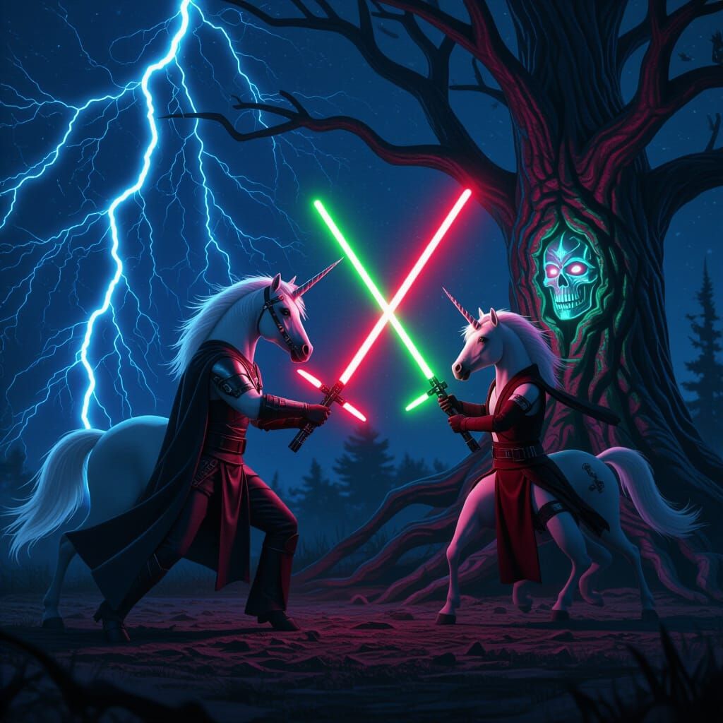 Unicorn Sith vs Jedi in Neon Battle