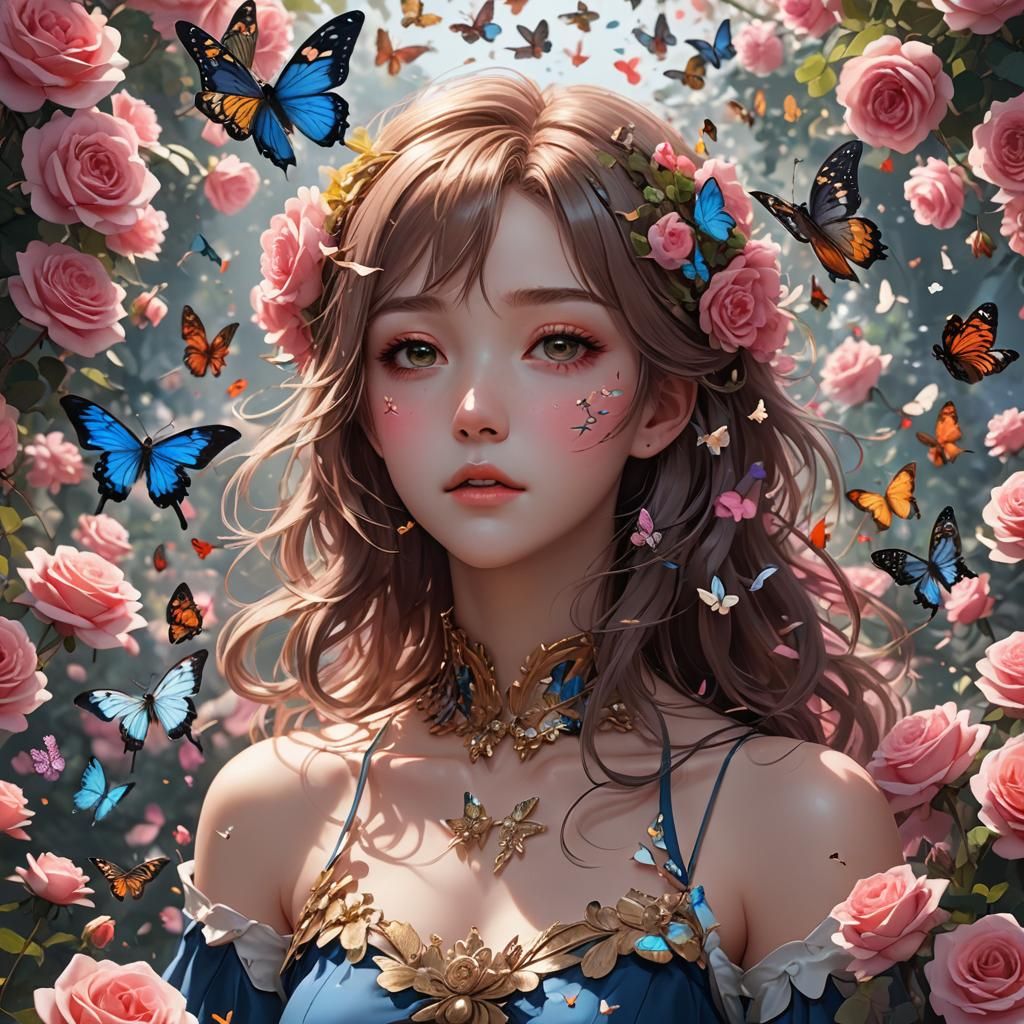 Anime Fairy in Rose Garden with Butterflies