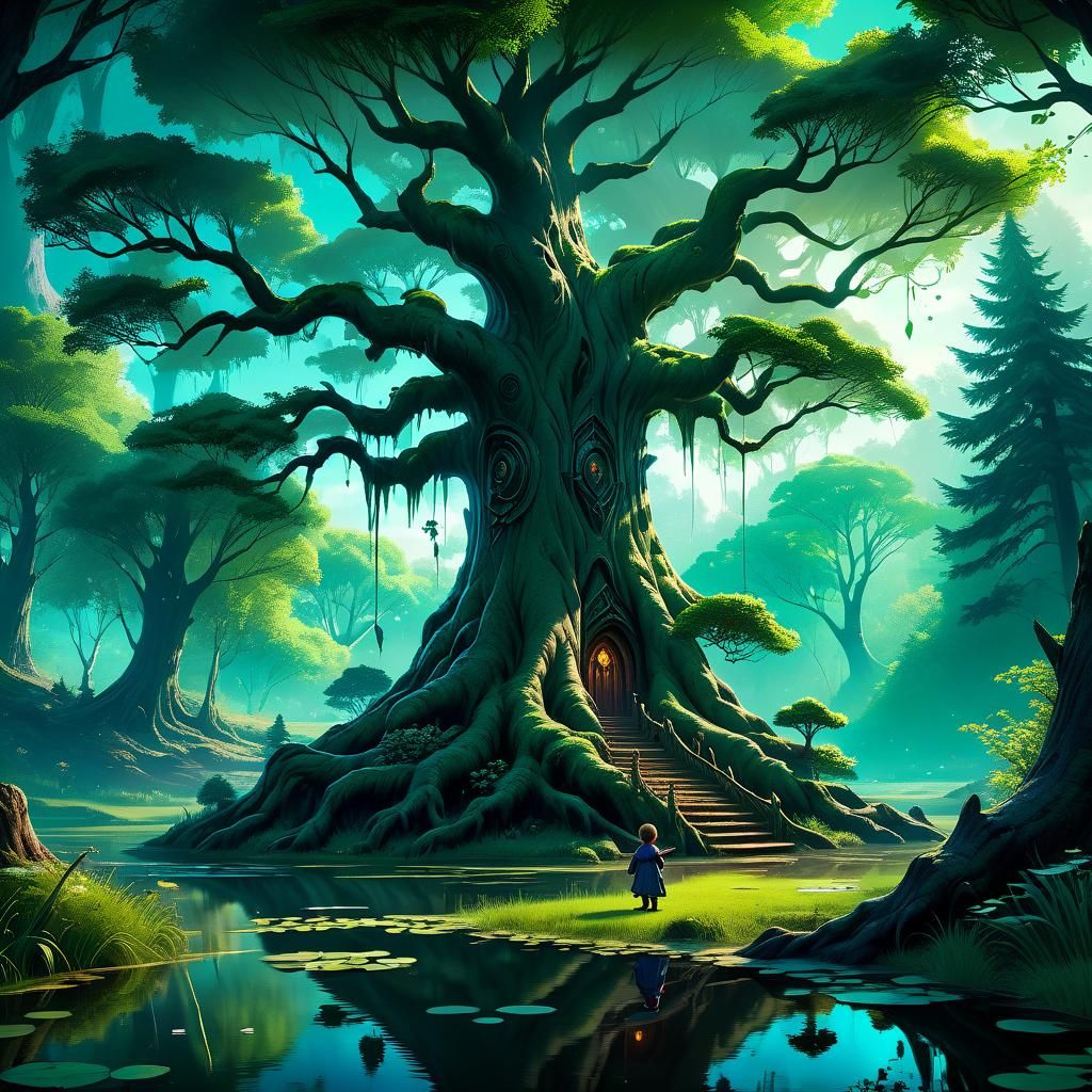 Mother Tree Goddess in Whimsical Forest Wonderland