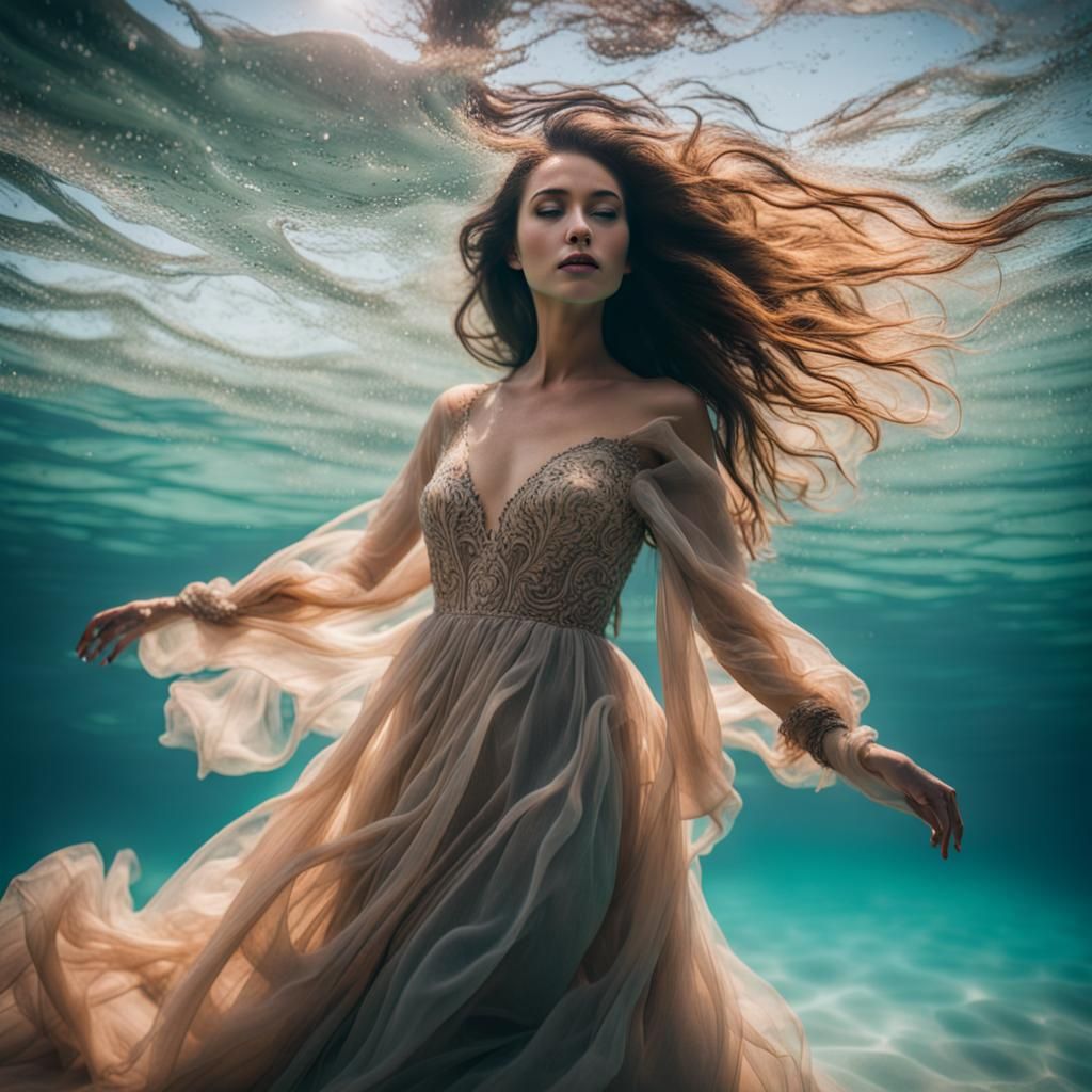 Lady in Extravagant Dress Swimming Underwater