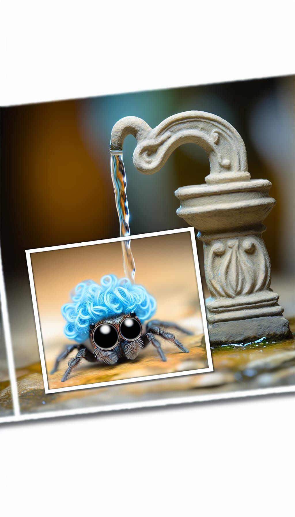 blue haired jumping spider at a water spout