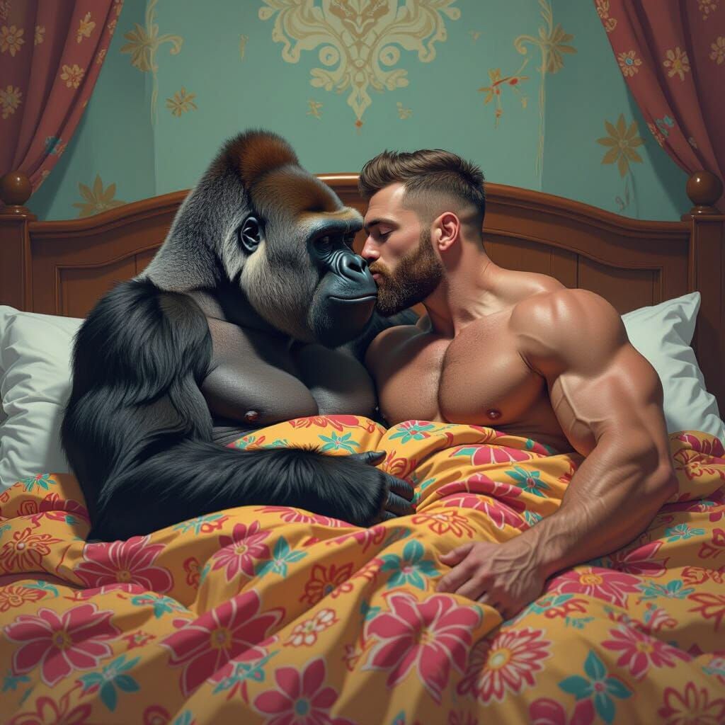 Gorilla and Bodybuilder Share a Kiss, Fantasy Concept Art