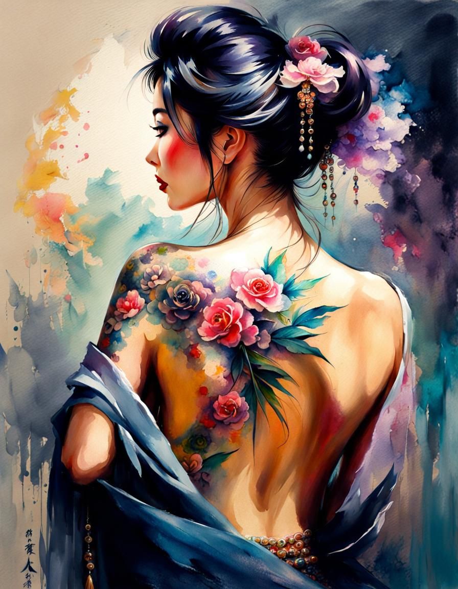 Japanese woman with a beautiful back tattoo
