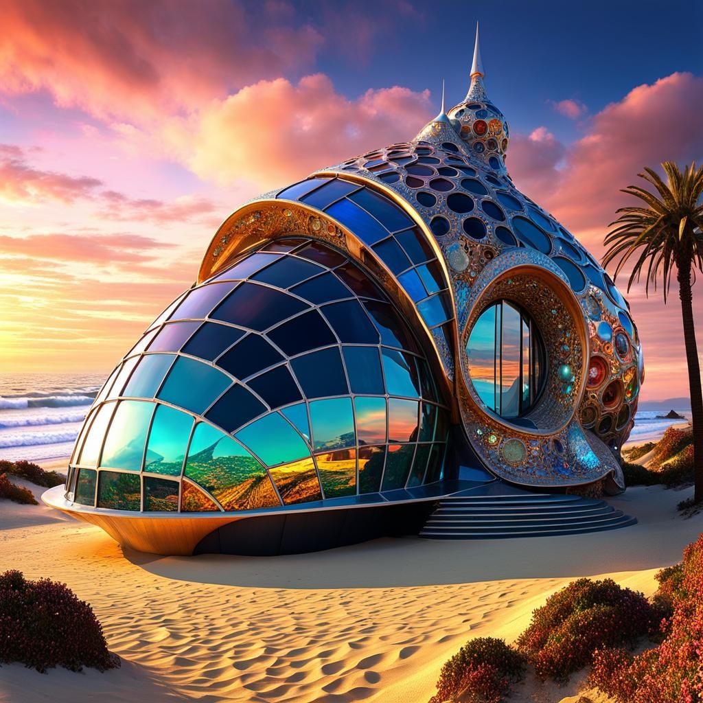 Futuristic Snail House on Distant Planet Beach