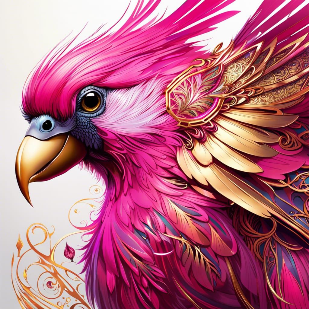 Radiant Pink Bird Portrait with Golden Wings