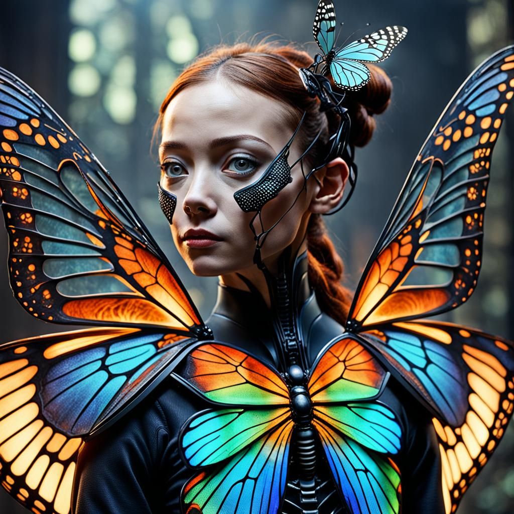 Biomechanical Figure with Butterfly Wings and Spider Legs