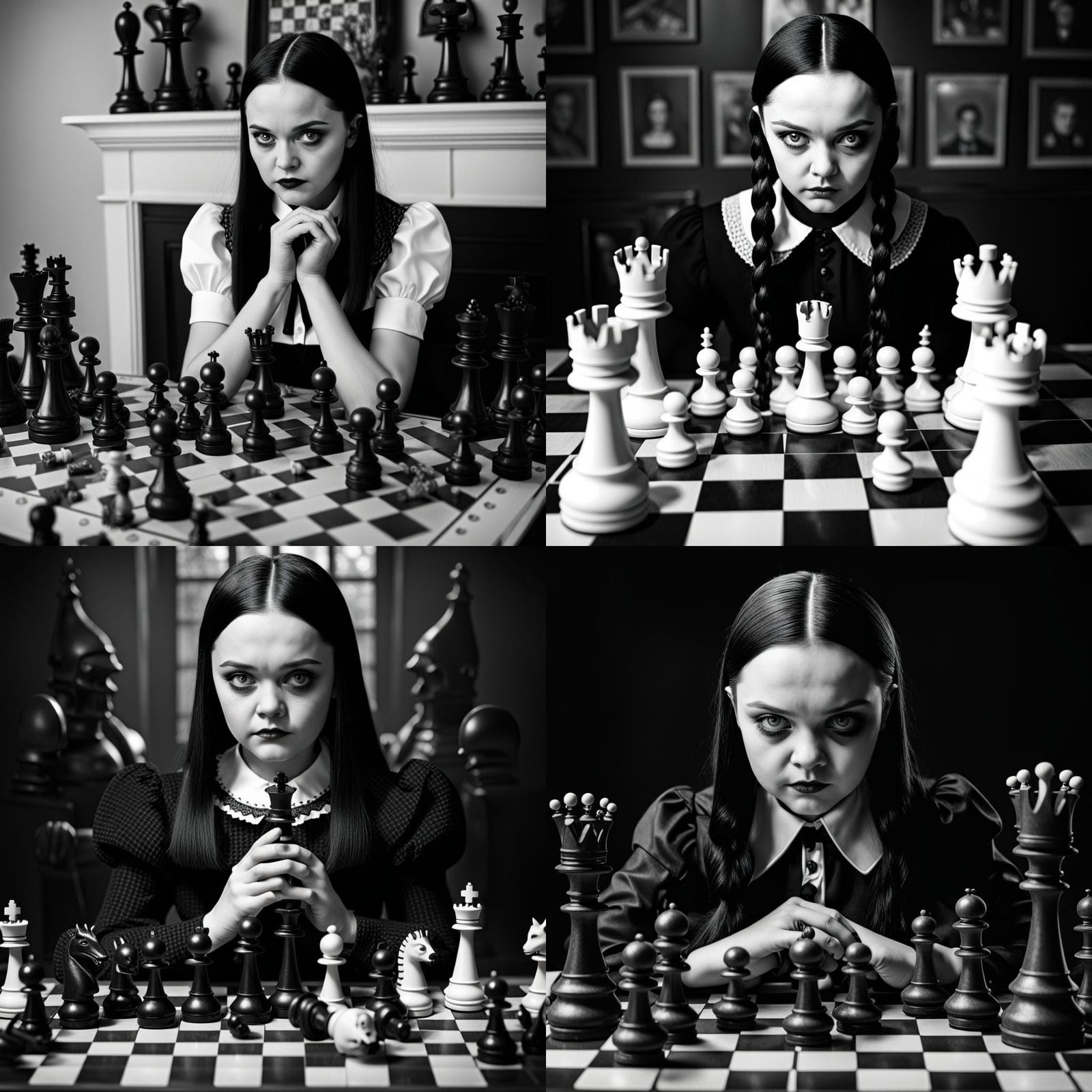 Wednesday Addams Playing Chess in Monochrome Black and White