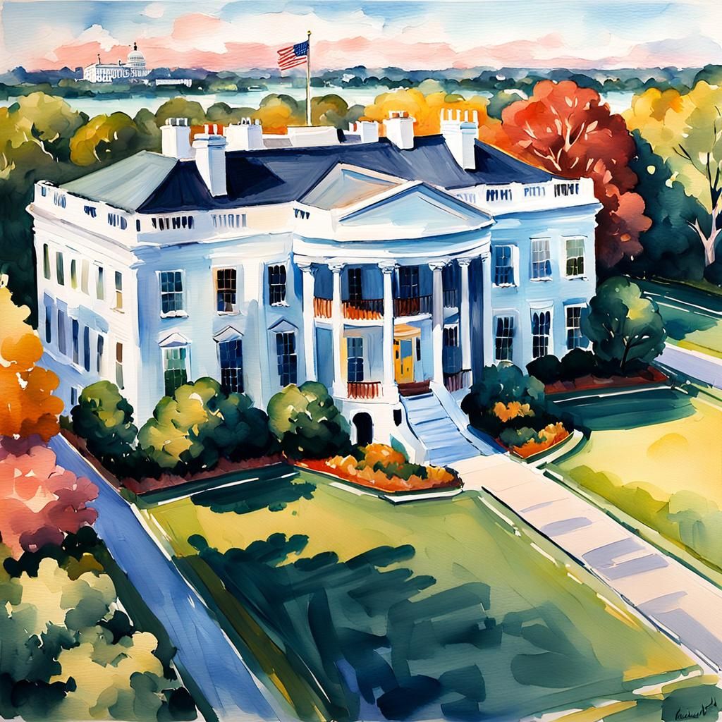 Aerial View of White House as Impressionist Gouache Painting
