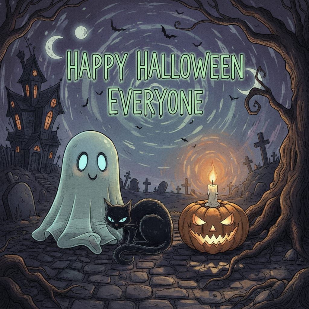 Adorable Ghost and Black Cat Halloween Illustration