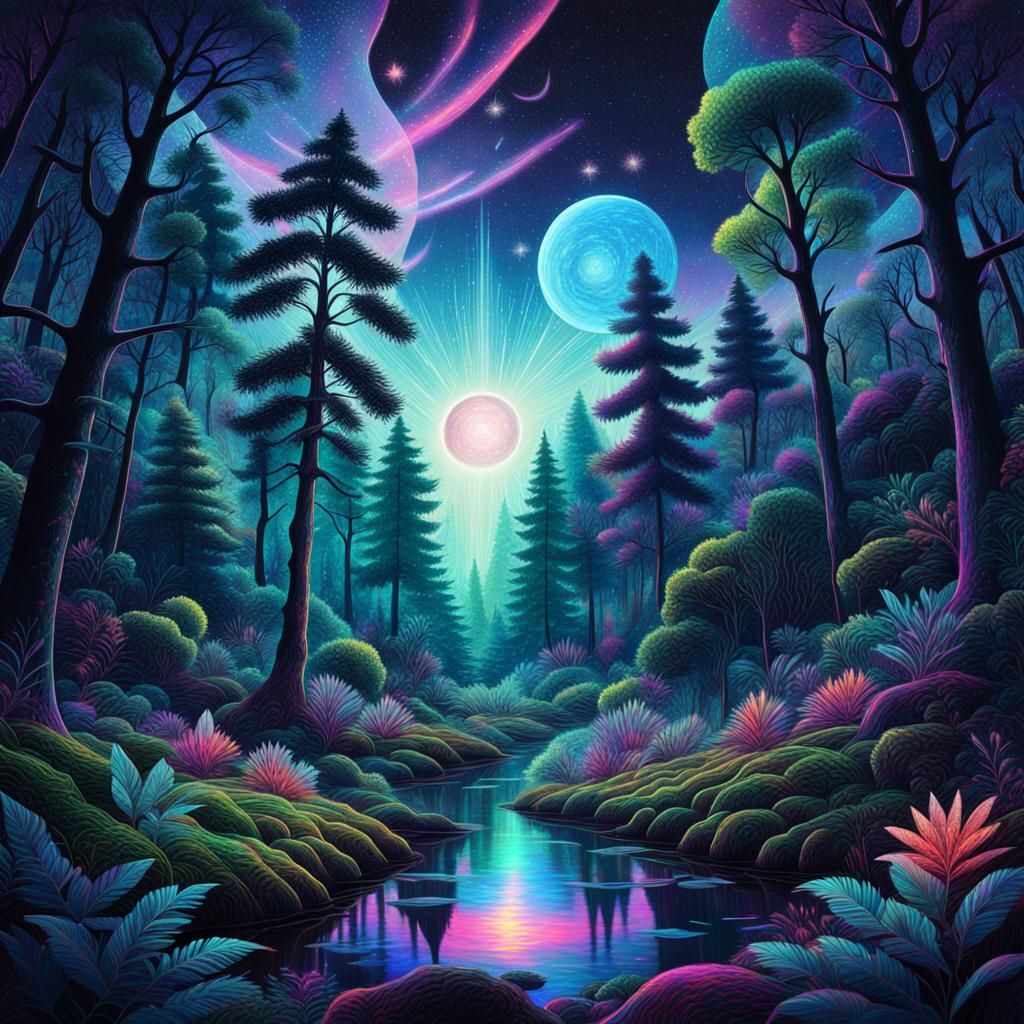 Astral Cosmic Forest Illustration in Mixed Media