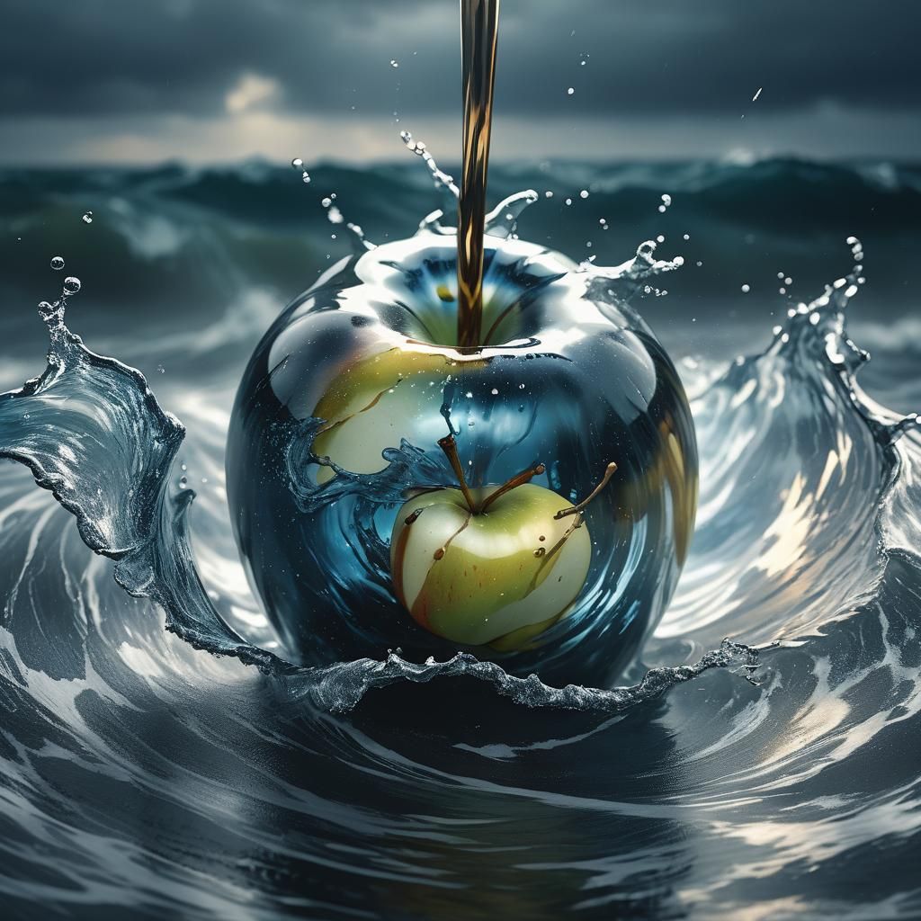 Glass Apple in Stormy Sea: Hyperrealistic Splash Art