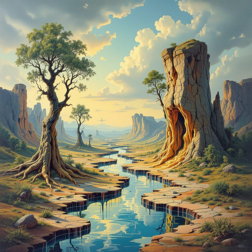 Surreal Landscape with Melting Trees in Dreamlike Style