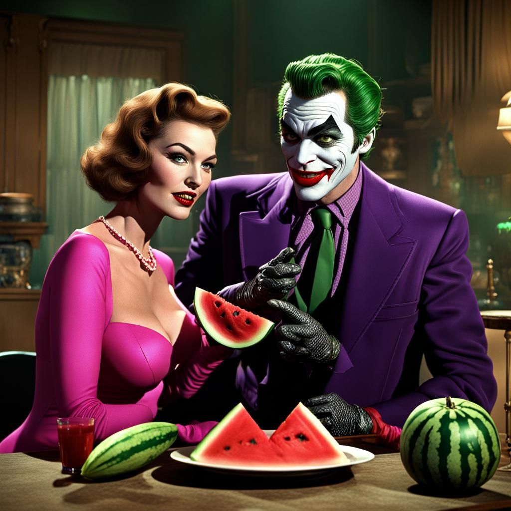 Julie Newmar as Catwoman Eating Watermelon with Cesar Romero as The Joker
