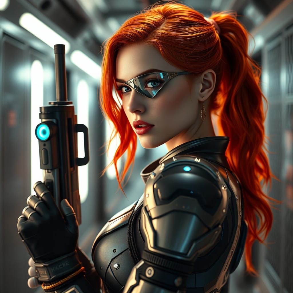 Futuristic Warrior in High-Tech Armor, Neon-Lit Sci-Fi Hallw...