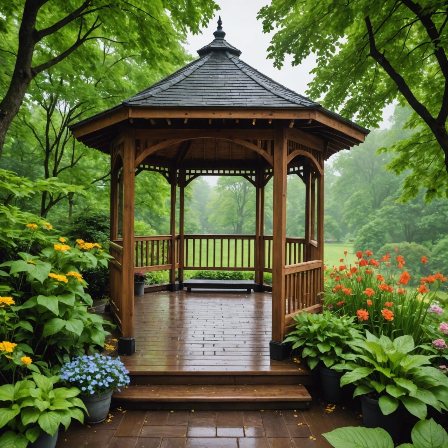 Enchanted Garden View from Gazebo in Summer Rain