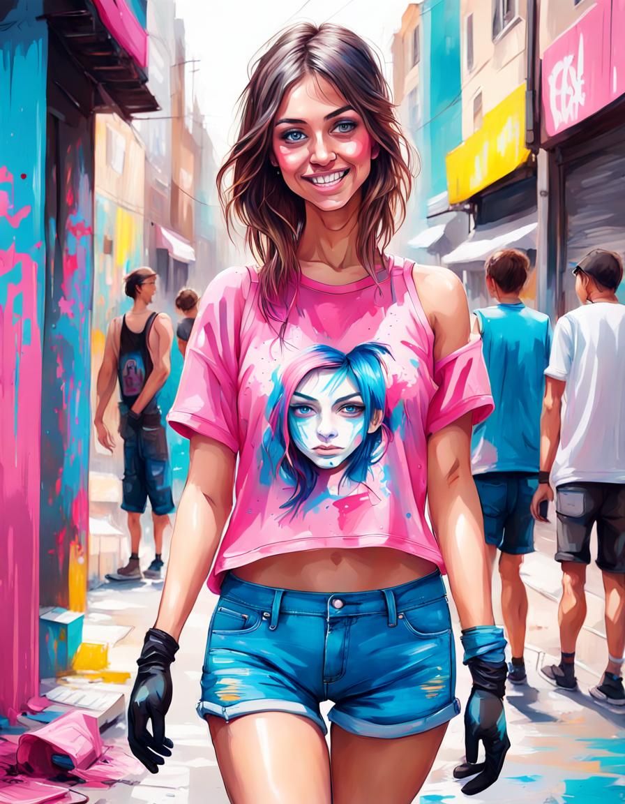 Smiling Woman in Street Art Style Portrait