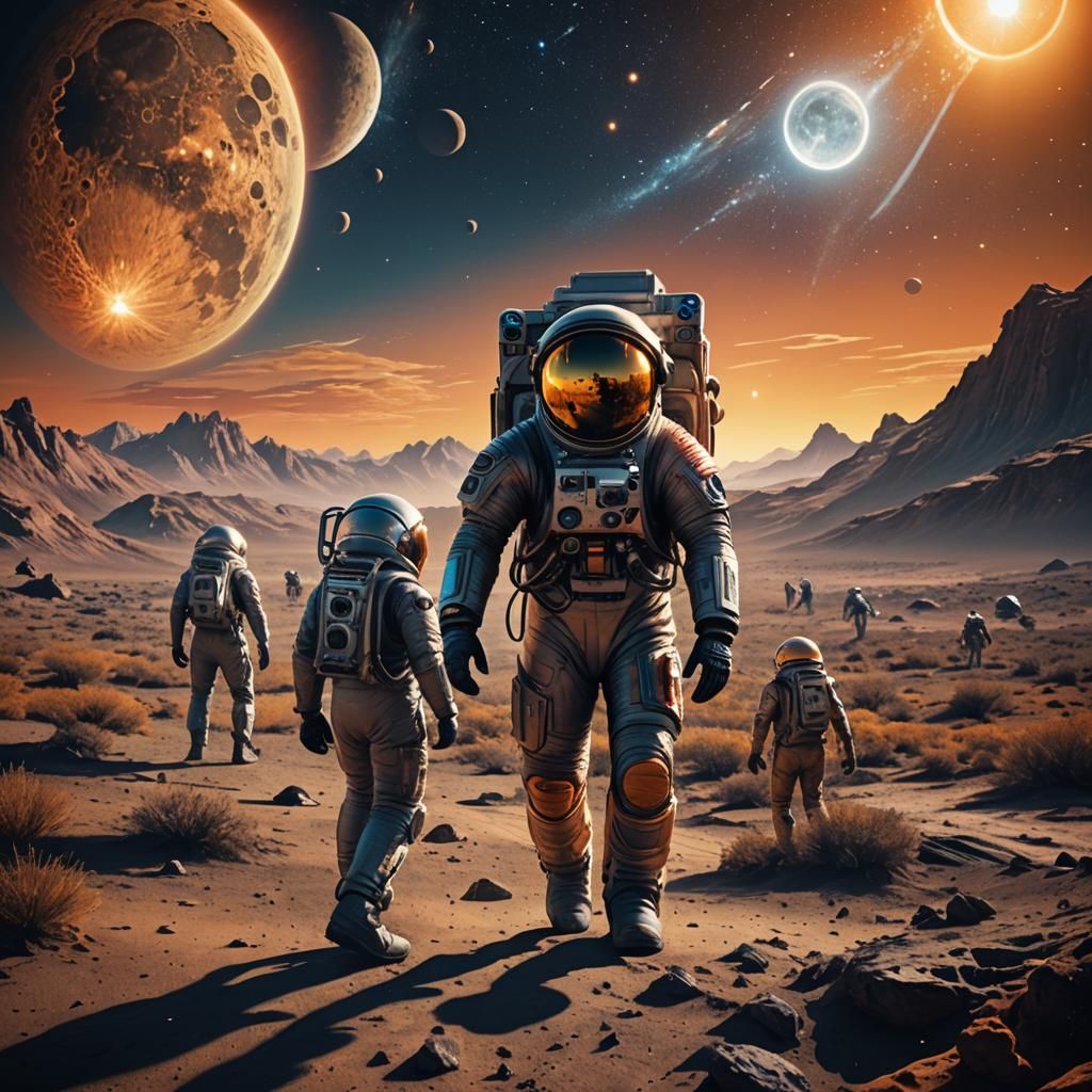 Cosmic Encounter: Astronaut, Moon, and Approaching Aliens