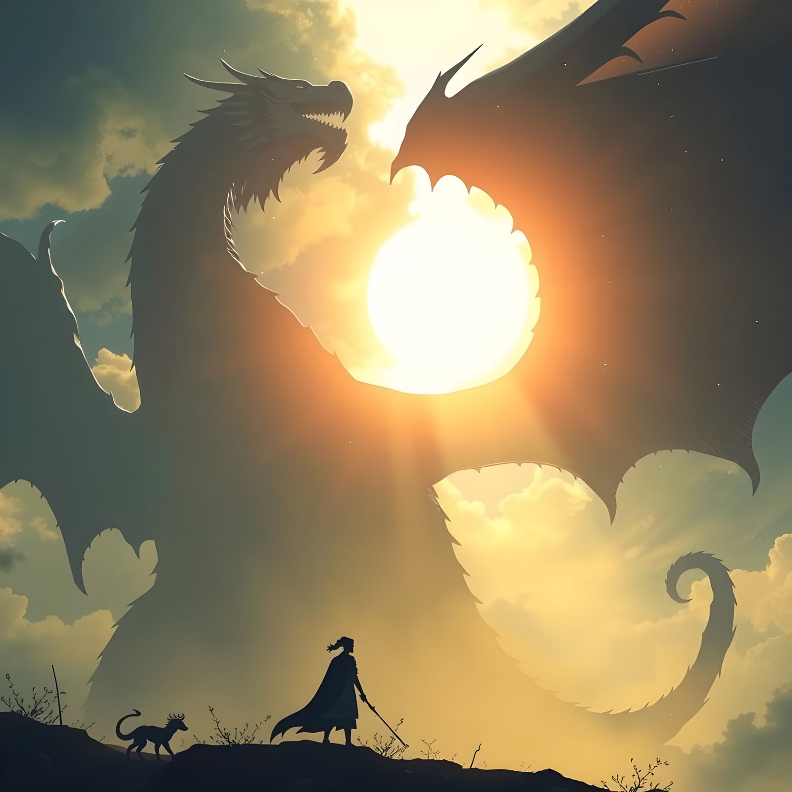 Colossal Dragon Silhouette in Fantasy Landscape