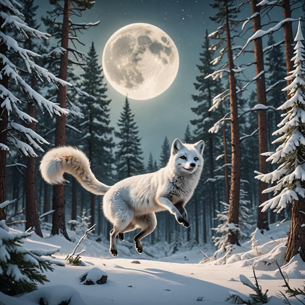 Arctic Fox Hunting Ermine in Snowy Forest