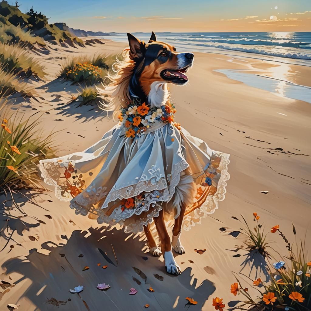 Dog in Wedding Dress: Whimsical Beach Oil Painting