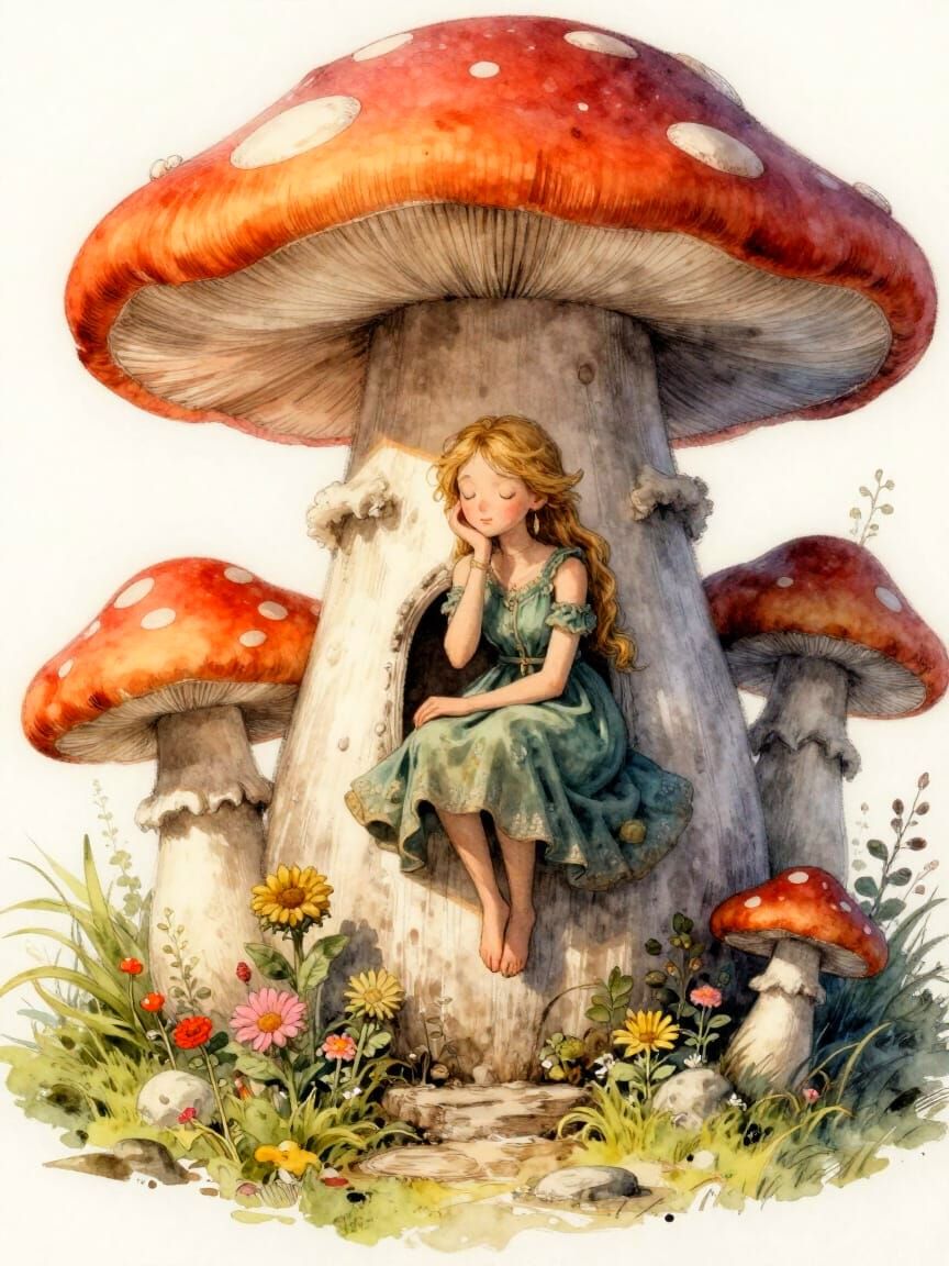 Fairy Contemplating on Mushroom House, Stylized Sketch