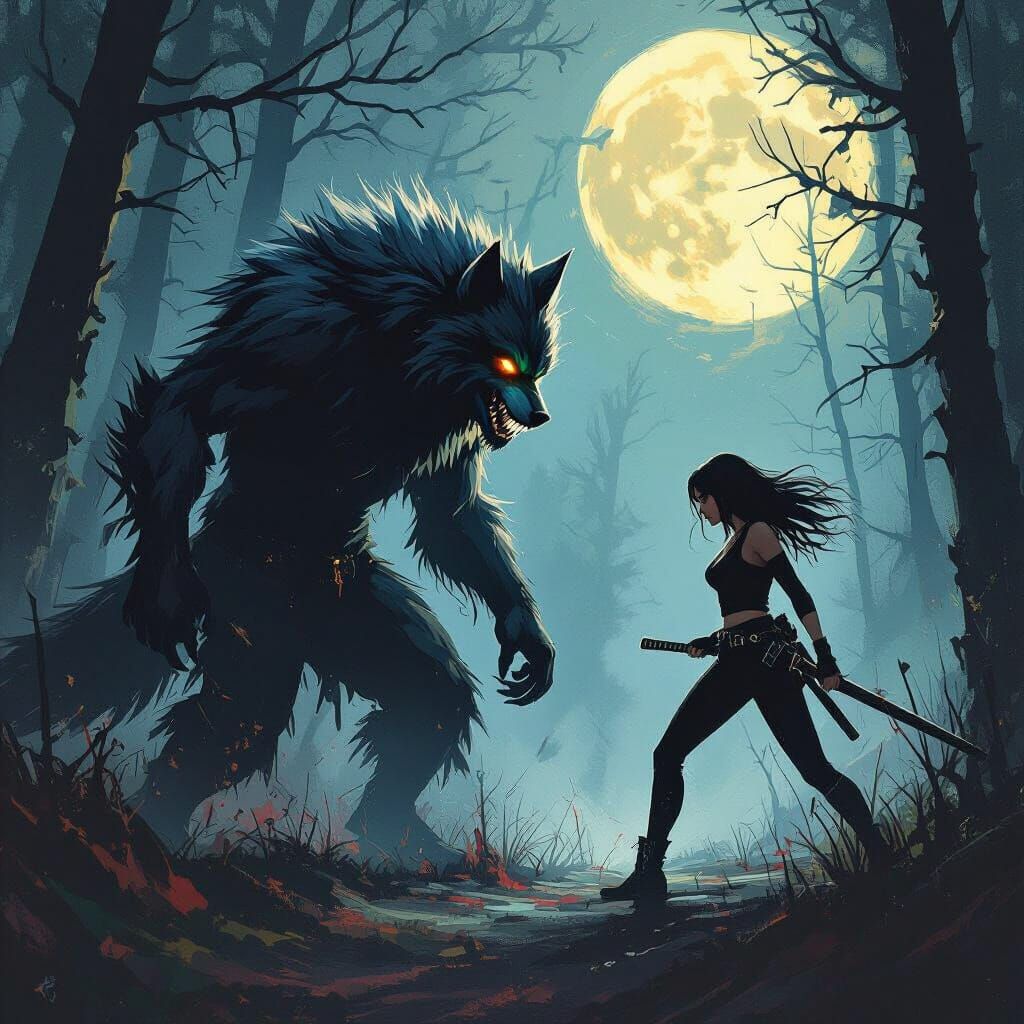 Werewolf Stalks Woman in Forest: Polychromatic Art