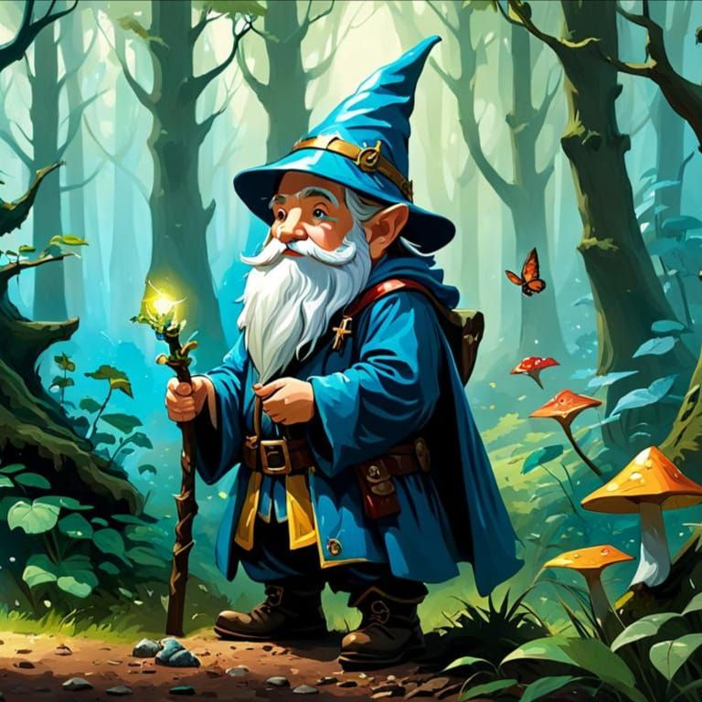 Gnome Wizard Watching Animals, Fantasy Art
