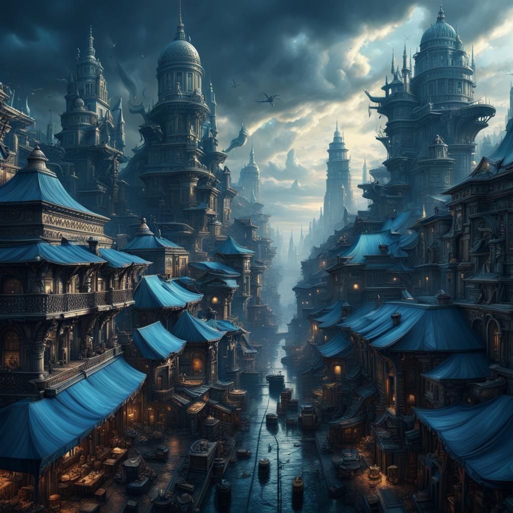 Epic Blue Cityscape: Digital Matte Painting