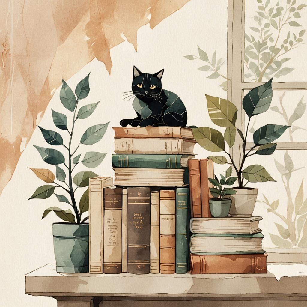 Whimsical Cat Surrounded by Books Illustration