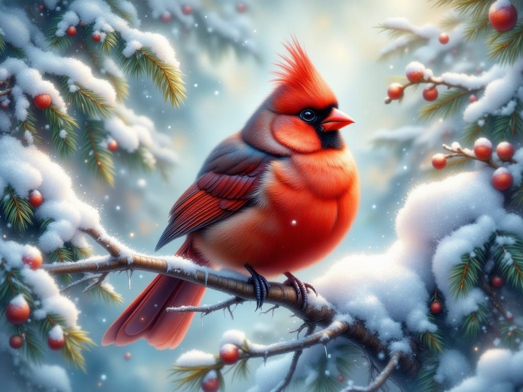 Fluffy Cardinal Huddled in Gentle Winter Snow