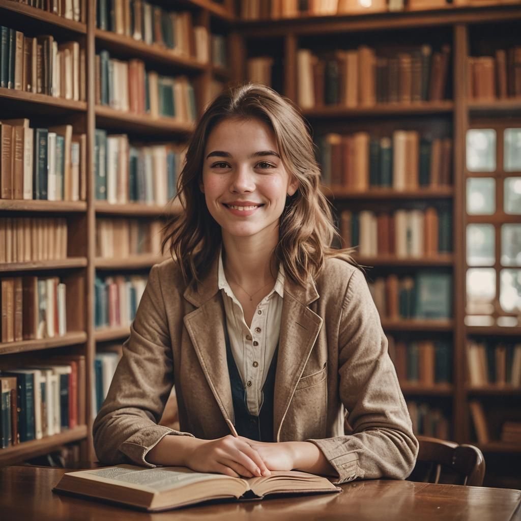 Realistic Portrait of Anna in Cozy Library
