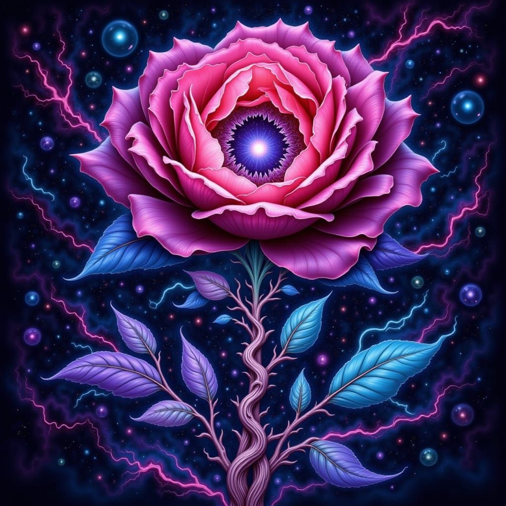 Cosmirose: Vibrant Cosmic Bloom in Hyperrealistic Pop Art