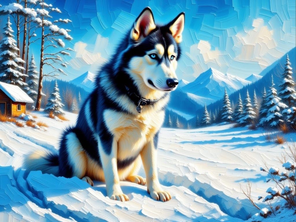 Husky Sled Dog in Impasto Oil Style