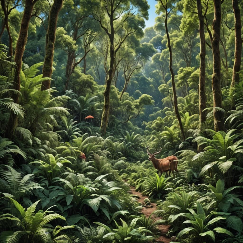Hyperrealistic Lush Forest with Diverse Wildlife