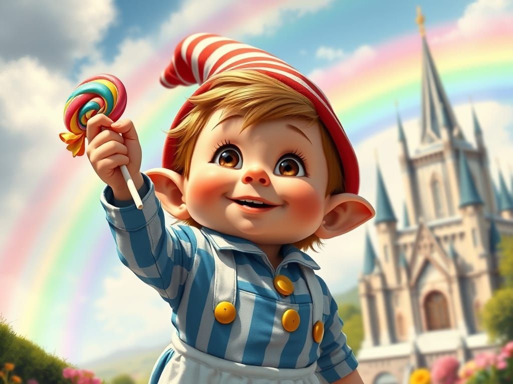 Whimsical Munchkin Enjoys Rainbow Lollipop in Storybook Styl...