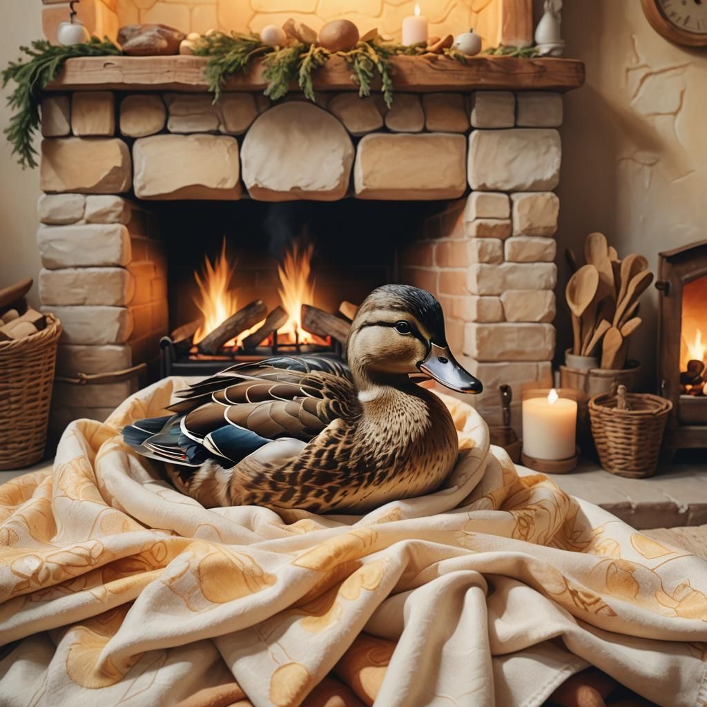 Cozy Duck by Fireplace in Watercolor Style