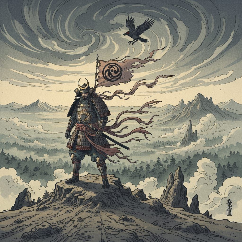 Samurai Warrior on Misty Mountain Peak, Japanese Ink Wash St...