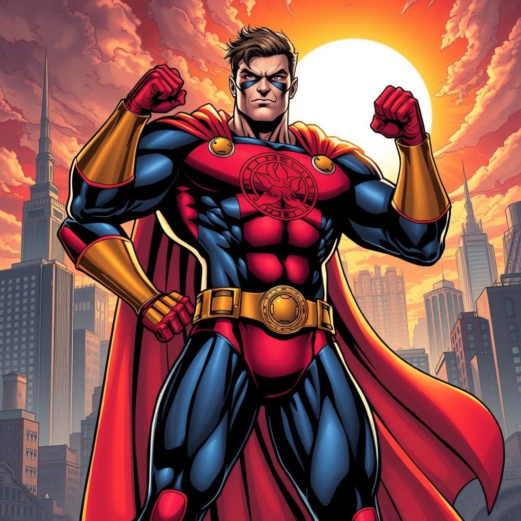 Dramatic Superhero in a Cityscape of Wonder